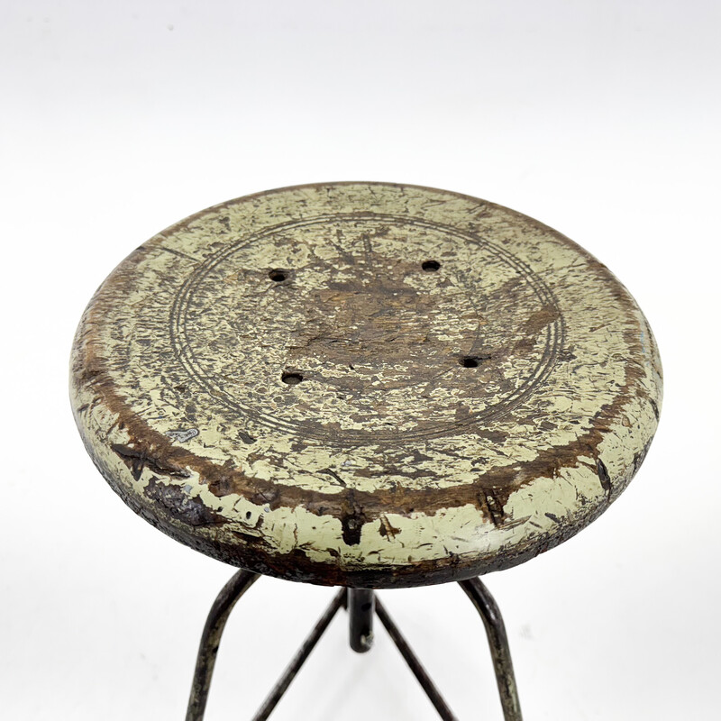 Vintage industrial tripod stool in steel and wood, Czechoslovakia 1950