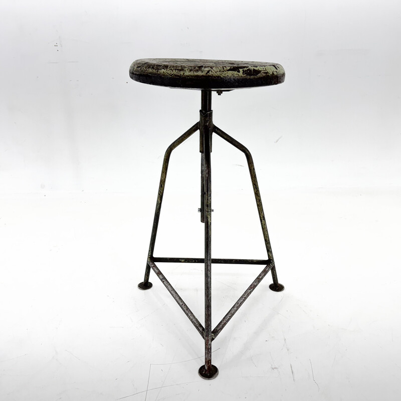 Vintage industrial tripod stool in steel and wood, Czechoslovakia 1950