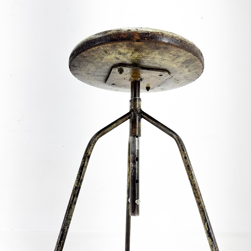 Vintage industrial tripod stool in steel and wood, Czechoslovakia 1950