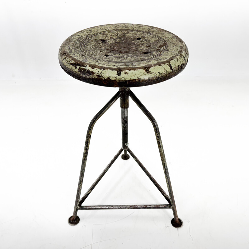 Vintage industrial tripod stool in steel and wood, Czechoslovakia 1950