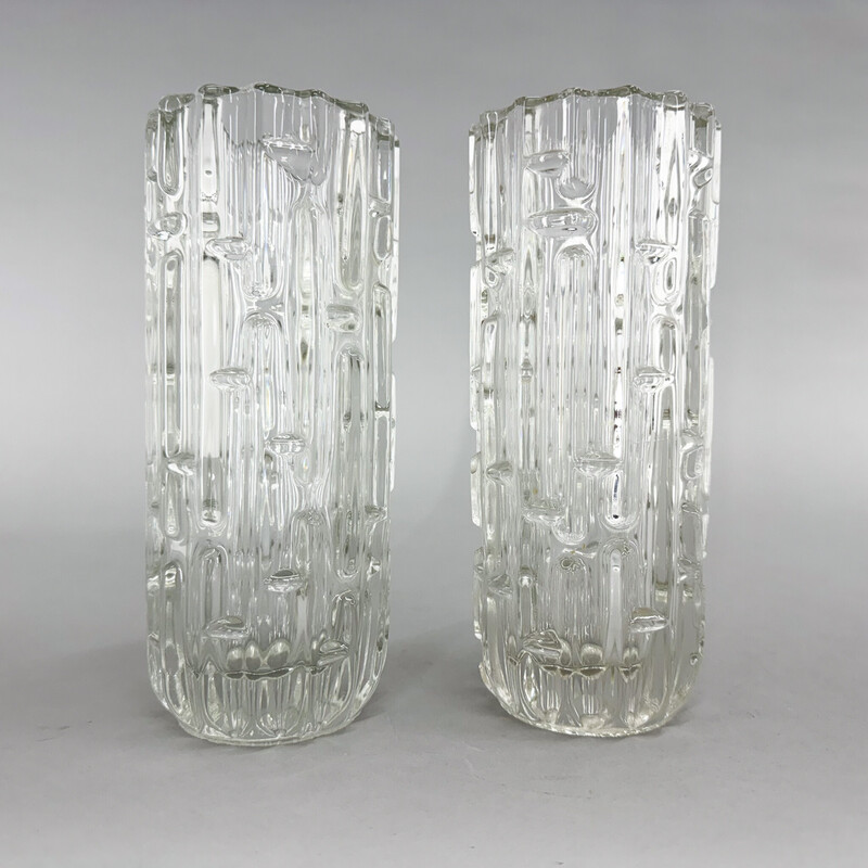 Pair of vintage "Labyrinth" vases in transparent glass by Frantisek Vizner, 1965