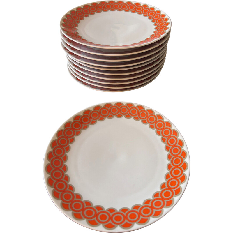Lot de 11 assiettes vintage en porcelaine à décor orange, Allemagne 1970