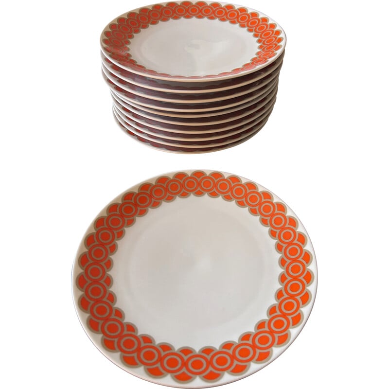 Set van 11 vintage porseleinen borden met oranje decoratie, Duitsland 1970