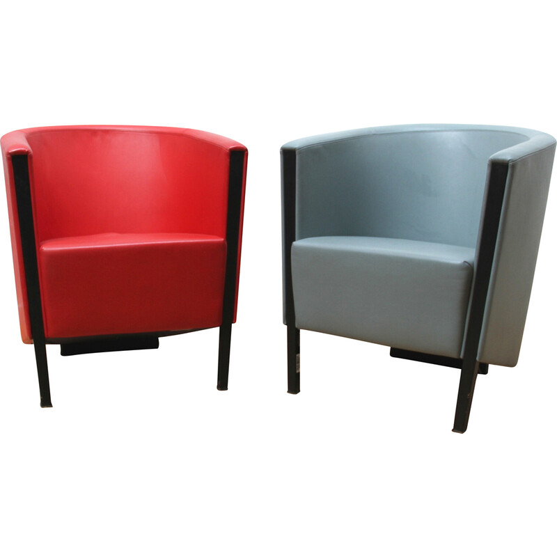 Pair of vintage Moroso armchairs in black tinted metal and leather by Antonio Citterio, 1988