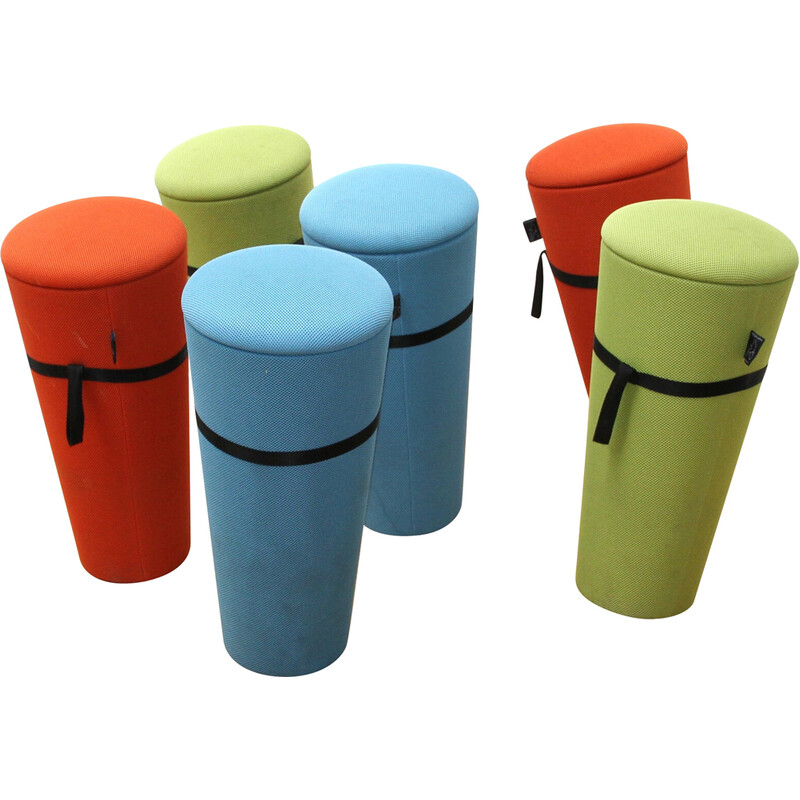 Set of 6 vintage "Stand Up" poufs in colored fabric by Wilkhann
