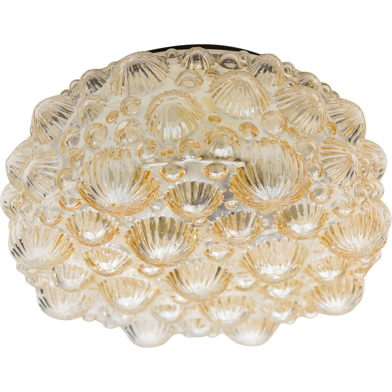 Vintage round recessed ceiling lamp in iced glass and metal in the shape of a 3D fossil shell, 1960