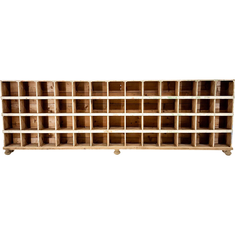 Vintage industrial wooden cabinet with 52 compartments