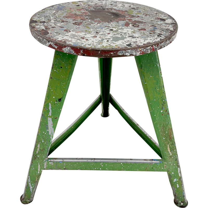 Vintage industrial stool in steel and wood, Czechoslovakia 1950