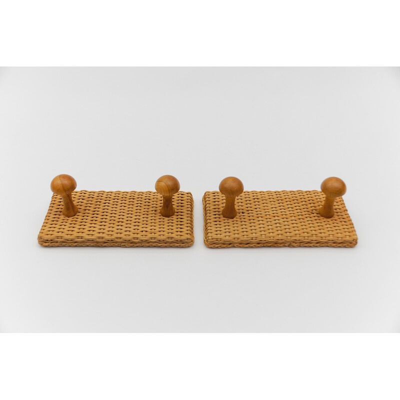 Pair of vintage rattan and wood wall hooks, 1960