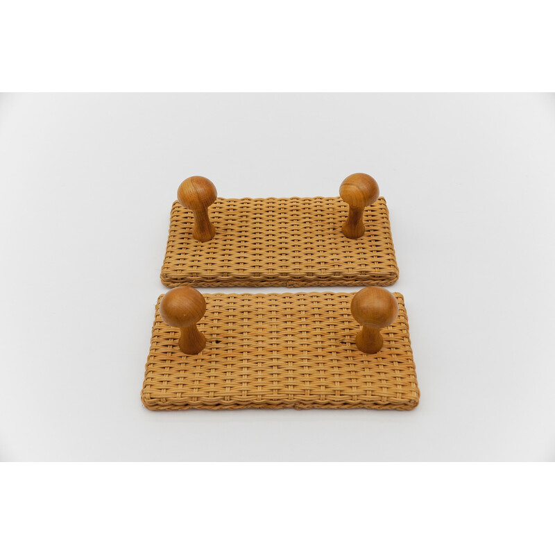 Pair of vintage rattan and wood wall hooks, 1960