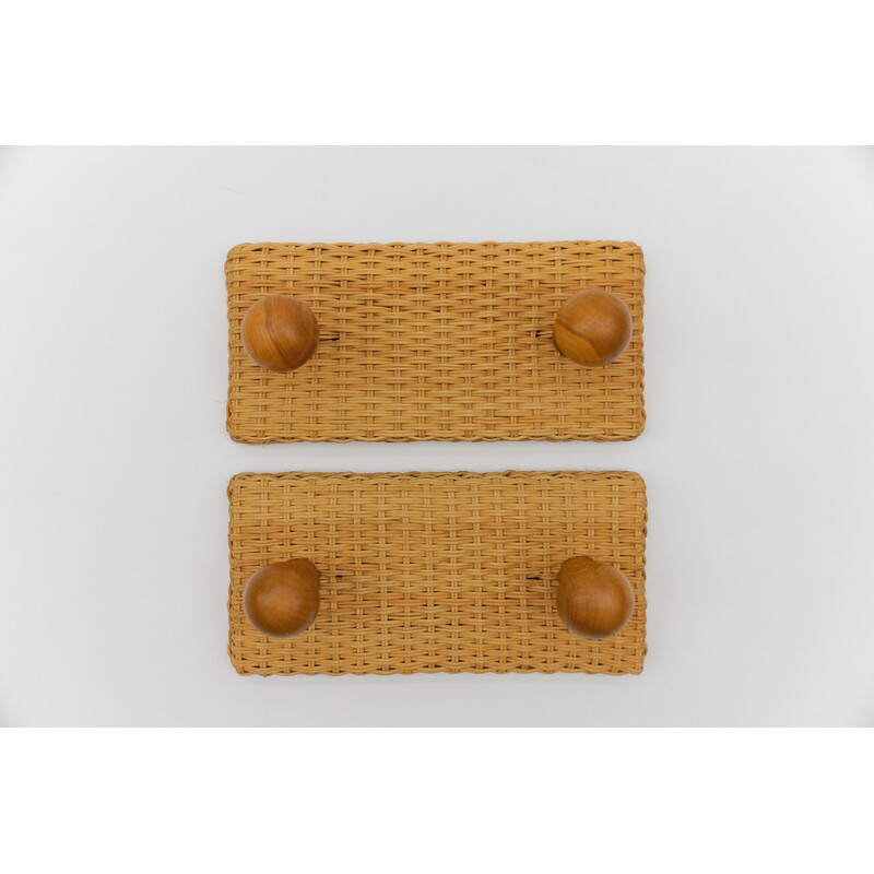 Pair of vintage rattan and wood wall hooks, 1960