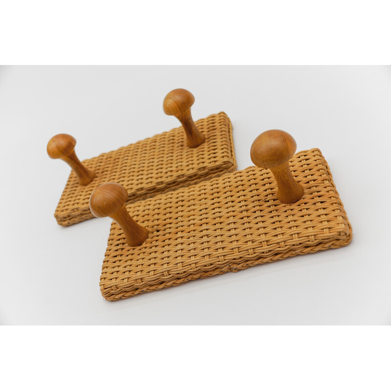 Pair of vintage rattan and wood wall hooks, 1960