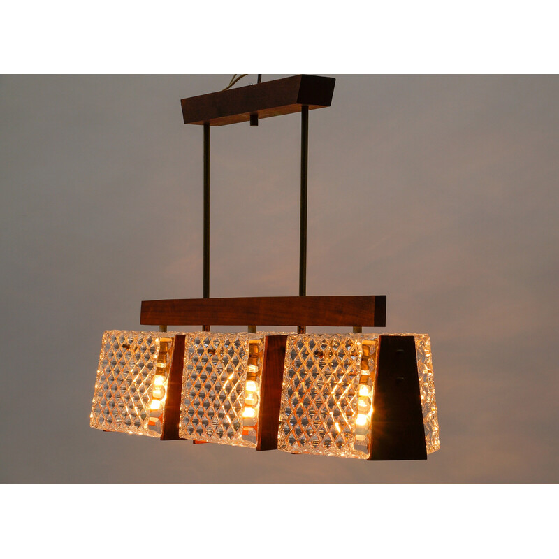 Vintage teak and crystal glass ceiling lamp, 1960