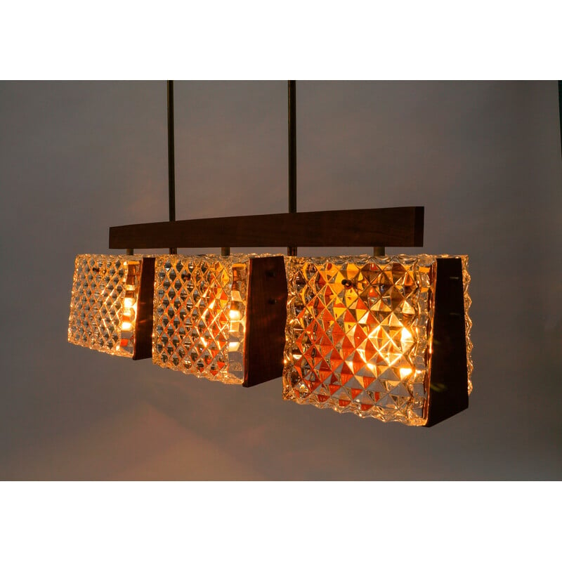 Vintage teak and crystal glass ceiling lamp, 1960