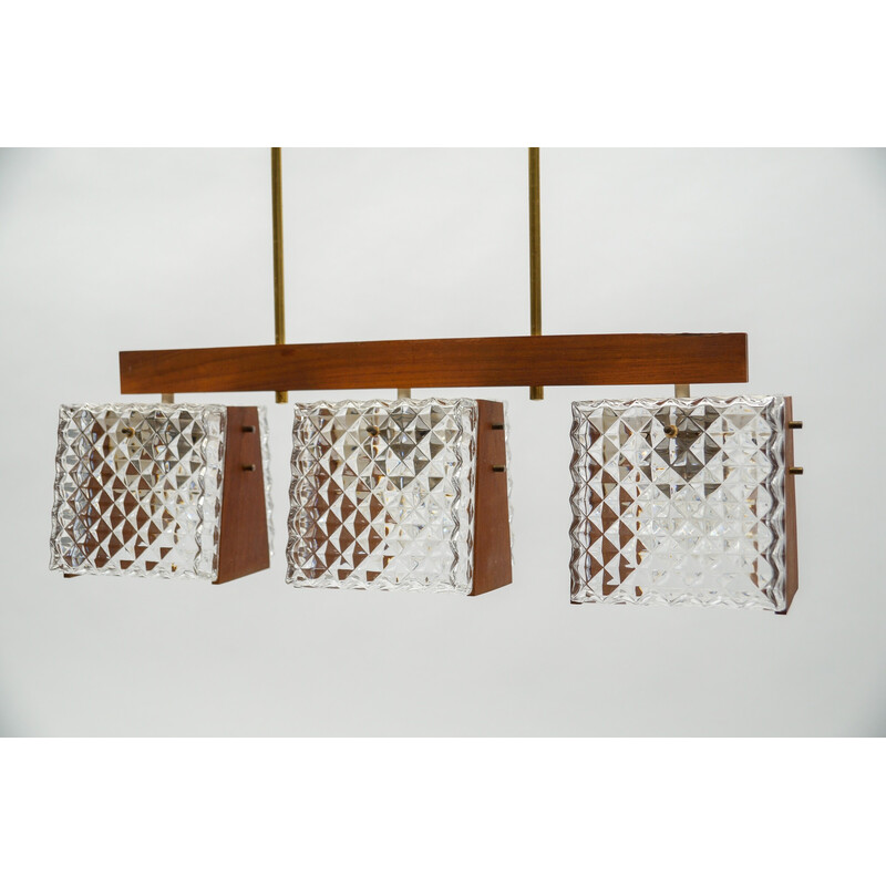 Vintage teak and crystal glass ceiling lamp, 1960