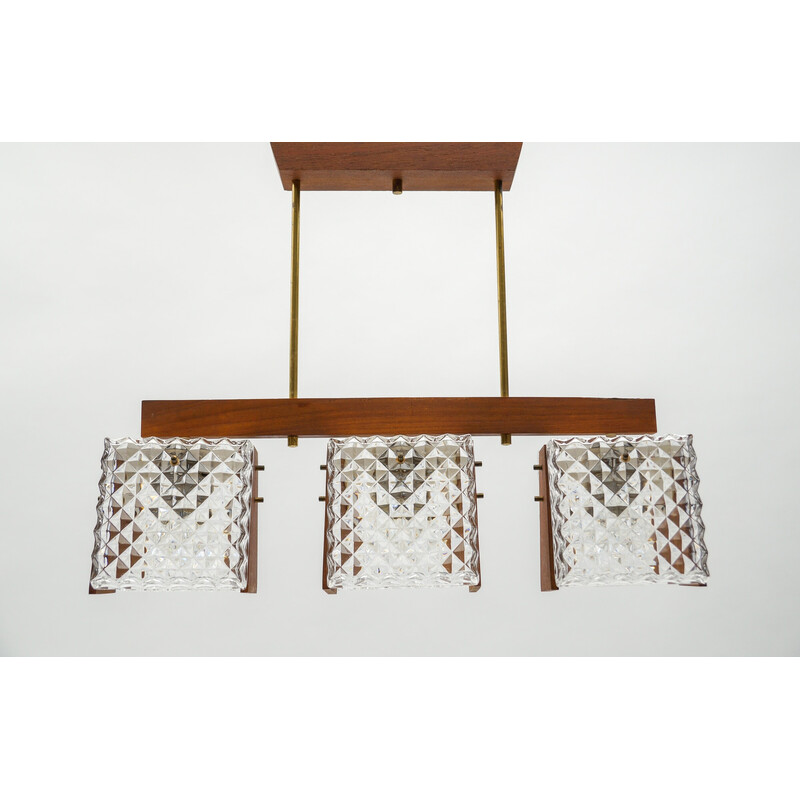 Vintage teak and crystal glass ceiling lamp, 1960