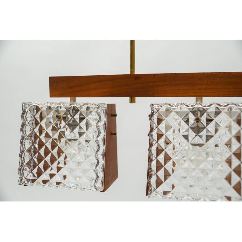 Vintage teak and crystal glass ceiling lamp, 1960