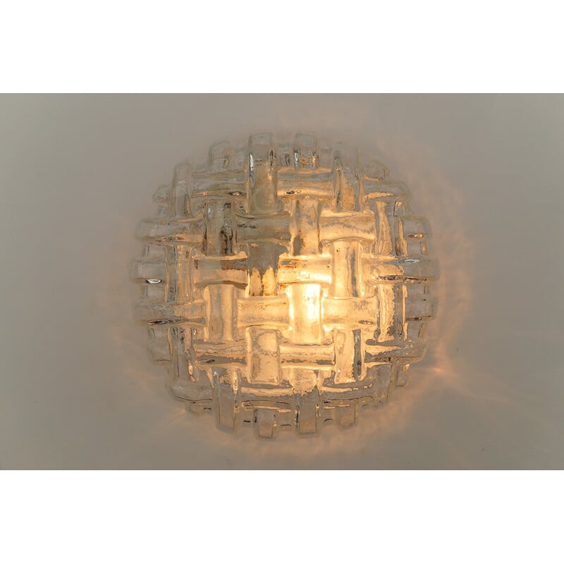 Vintage round ceiling light in iced glass and metal, Germany 1960
