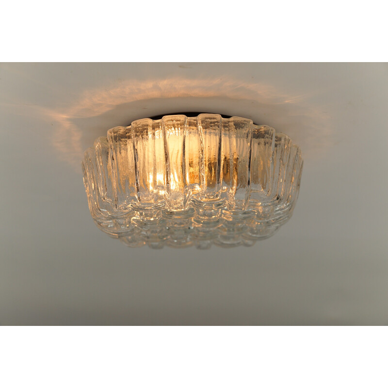 Vintage round ceiling light in iced glass and metal, Germany 1960