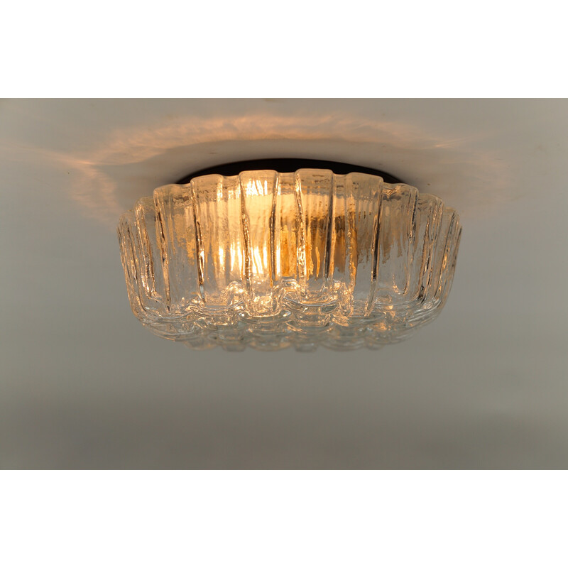 Vintage round ceiling light in iced glass and metal, Germany 1960