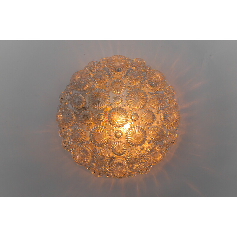 Vintage round ceiling lamp in glossy glass and metal in the shape of a 3D fossil shell, 1960