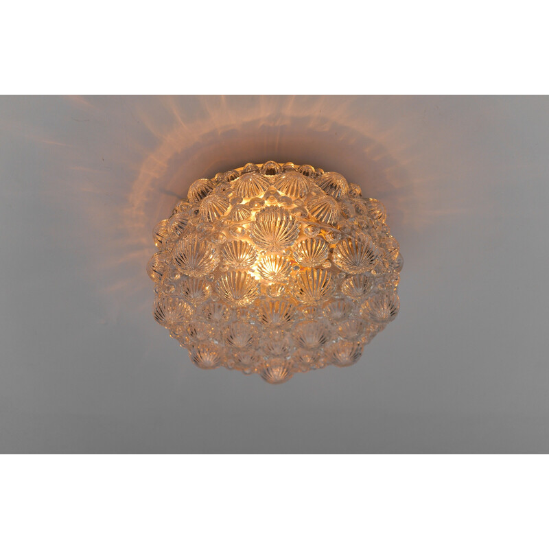 Vintage round ceiling lamp in glossy glass and metal in the shape of a 3D fossil shell, 1960