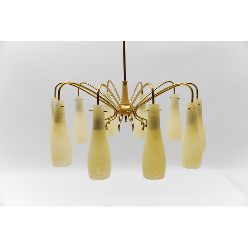 Vintage Sputnik chandelier in brass and glass with 10 lights, Italy 1950