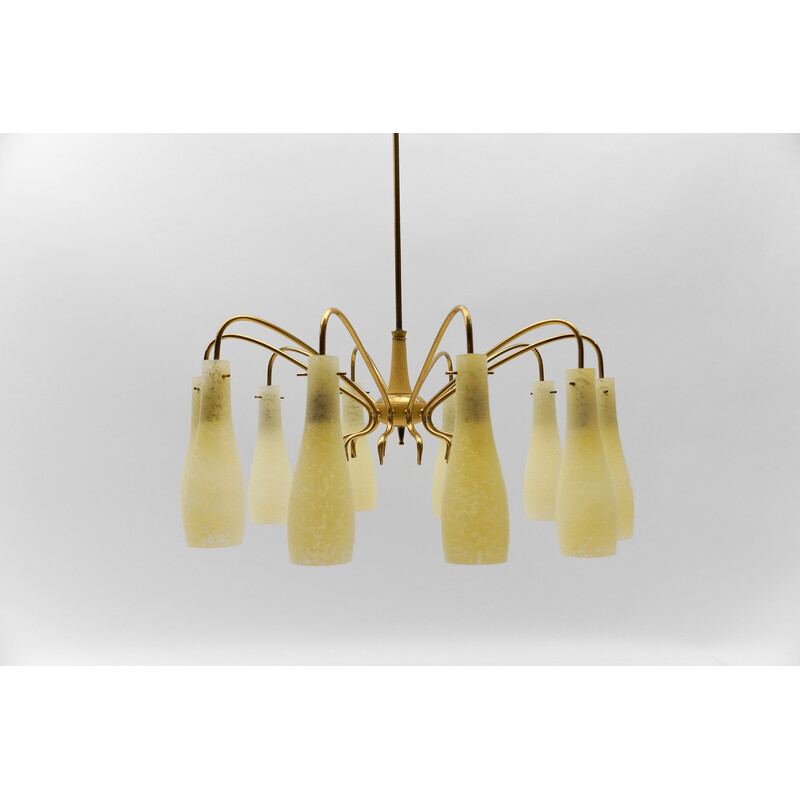 Vintage Sputnik chandelier in brass and glass with 10 lights, Italy 1950