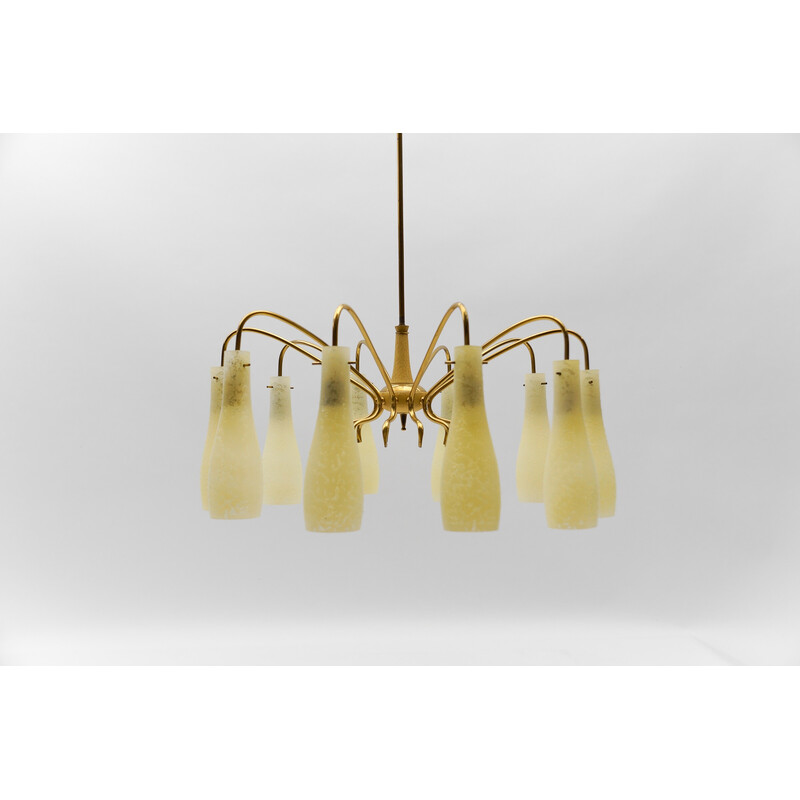 Vintage Sputnik chandelier in brass and glass with 10 lights, Italy 1950