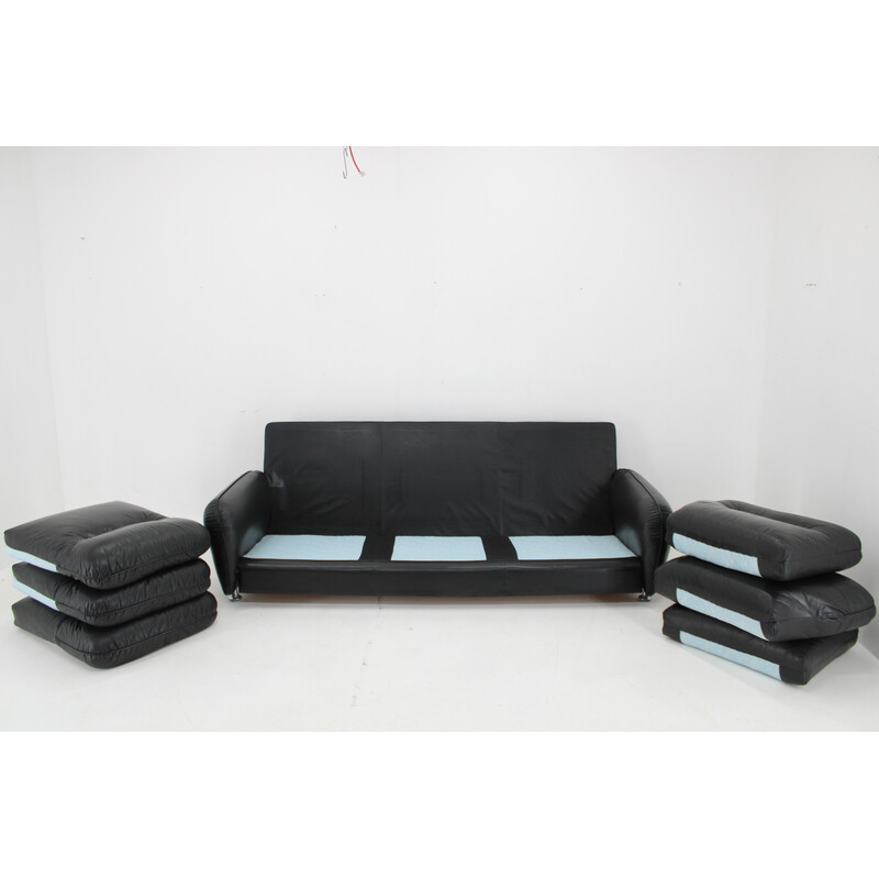 Vintage 3-seater sofa in black leather, Italy 1970