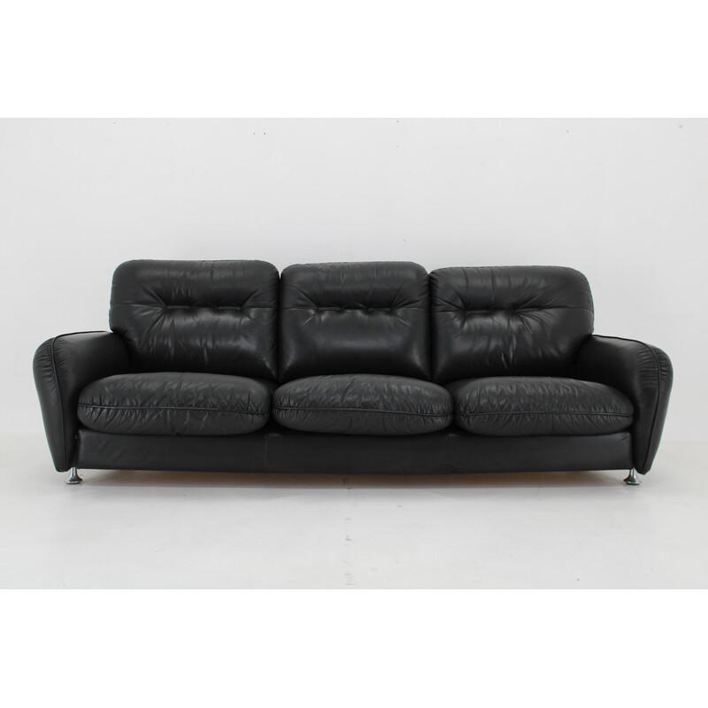 Vintage 3-seater sofa in black leather, Italy 1970