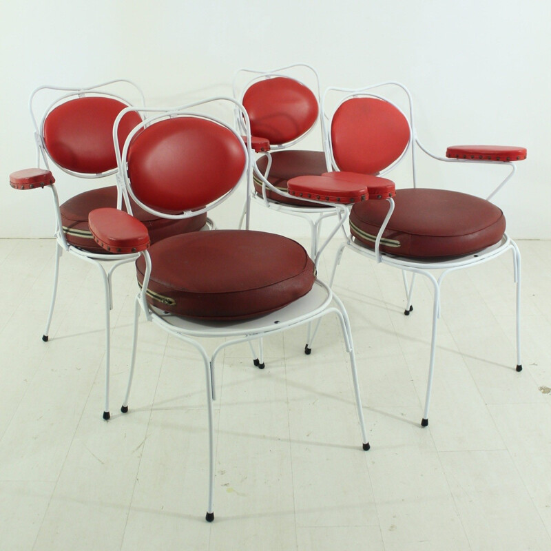 Set of 4 mid century garden chairs in red leatherette - 1950s