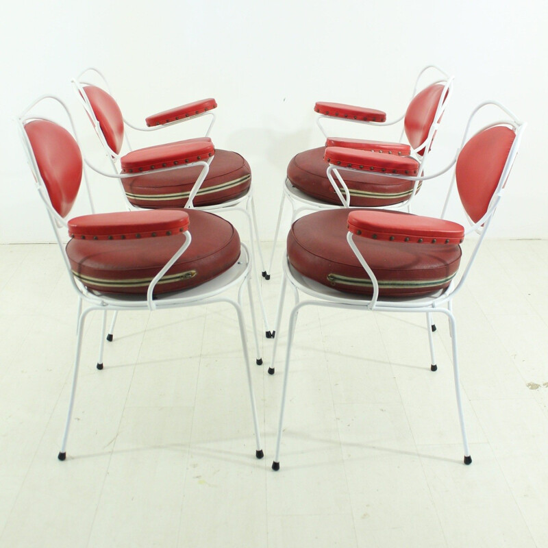 Ensemble de 4 chaises de jardin vintage en similicuir rouge - 1950