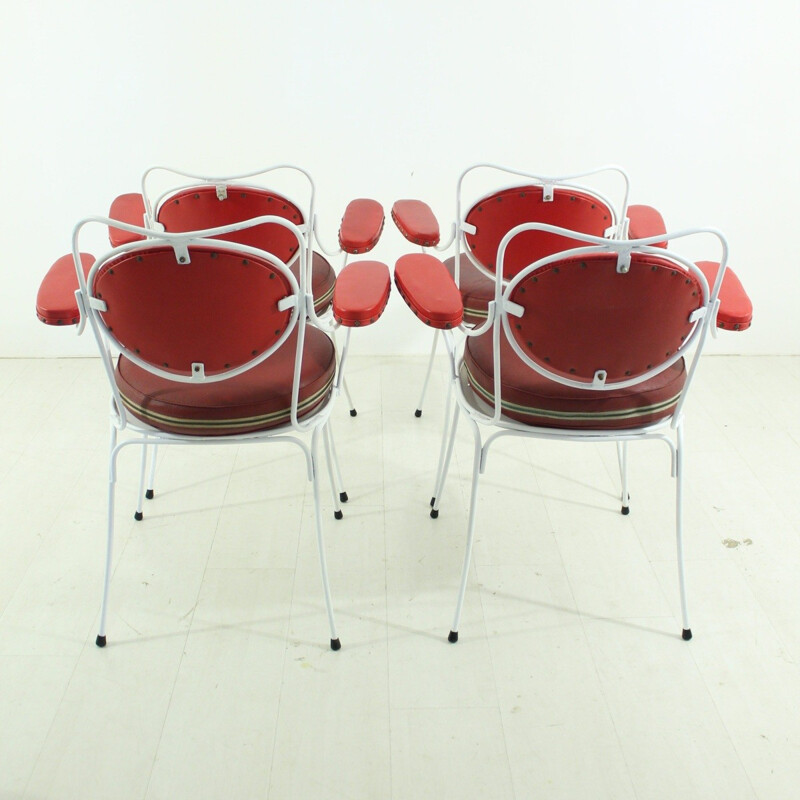 Set of 4 mid century garden chairs in red leatherette - 1950s