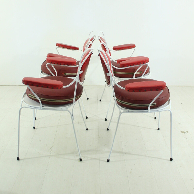 Ensemble de 4 chaises de jardin vintage en similicuir rouge - 1950