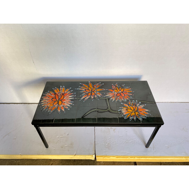 Vintage salontafel van grijs keramiek en zwart staal, 1960