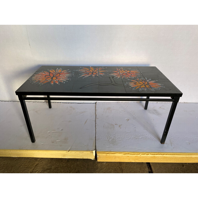 Vintage gray ceramic and black steel coffee table, 1960