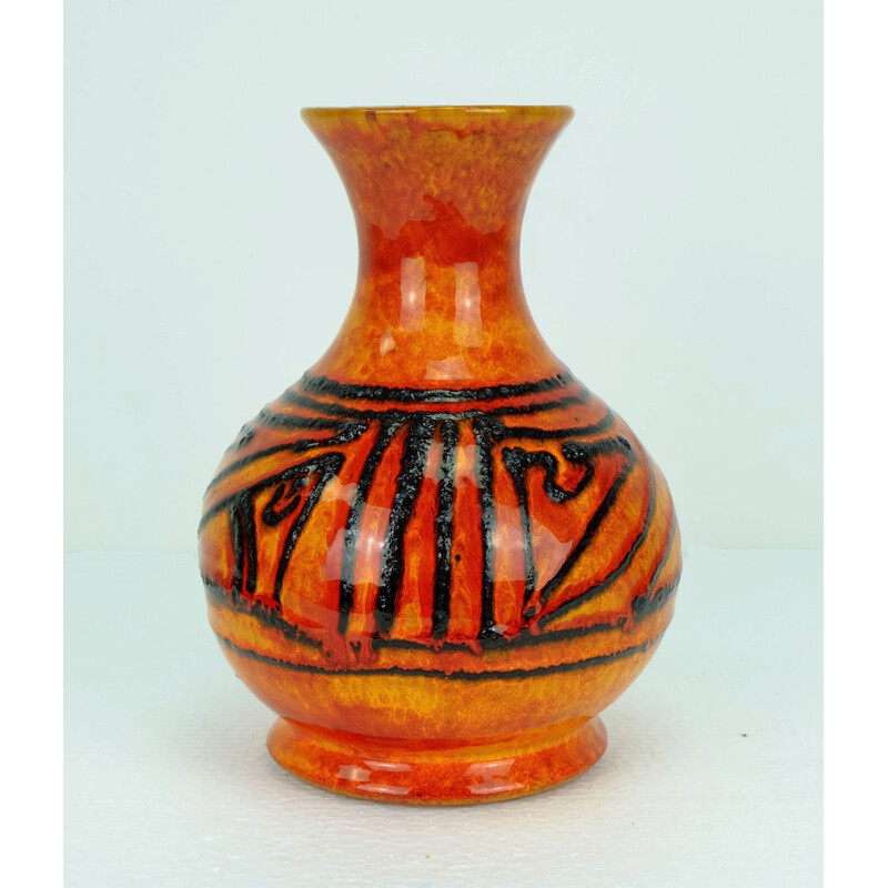 Orange German vase Black Fat Lava by Walter Gerhards - 1960s