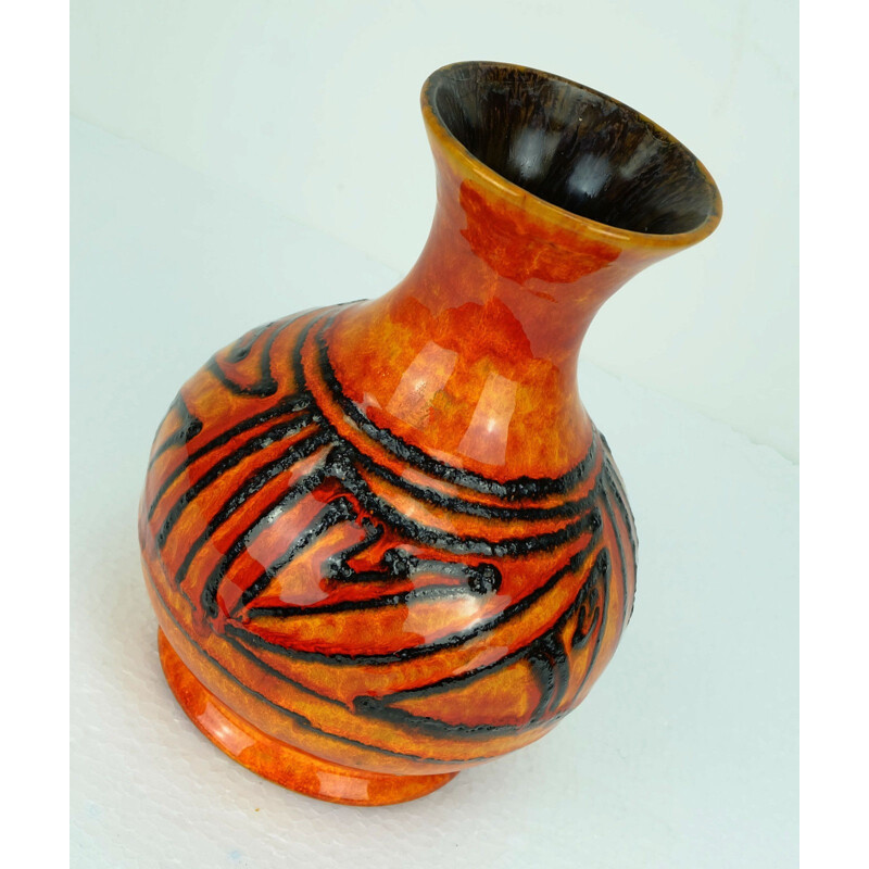 Orange German vase Black Fat Lava by Walter Gerhards - 1960s