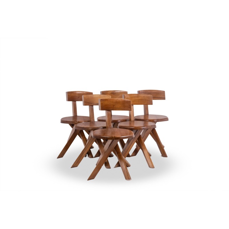 Set of 6 vintage model S34 chairs in solid elm by Pierre Chapo, France 1960