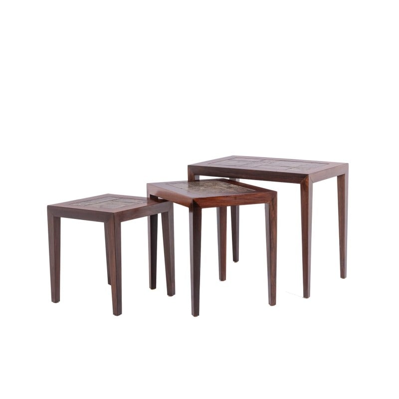 Vintage nesting tables in rosewood and ceramic, Denmark 1960
