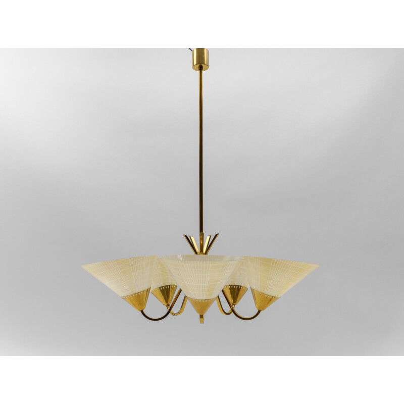 Vintage 5-light glass and brass Sputnik ceiling lamp, 1950