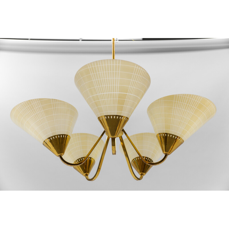 Vintage 5-lichts glazen en messing Sputnik plafondlamp, 1950