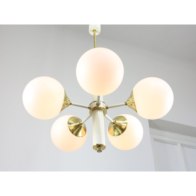 Vintage Sputnik chandelier in brass and opaline glass, Italy