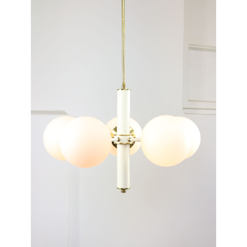 Vintage Sputnik chandelier in brass and opaline glass, Italy