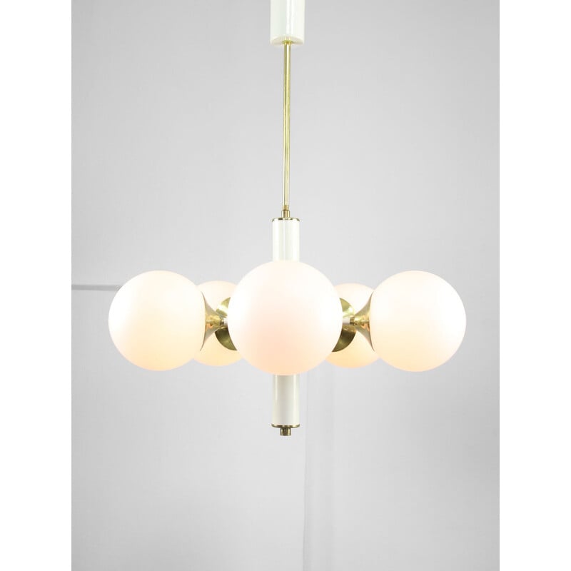 Vintage Sputnik chandelier in brass and opaline glass, Italy