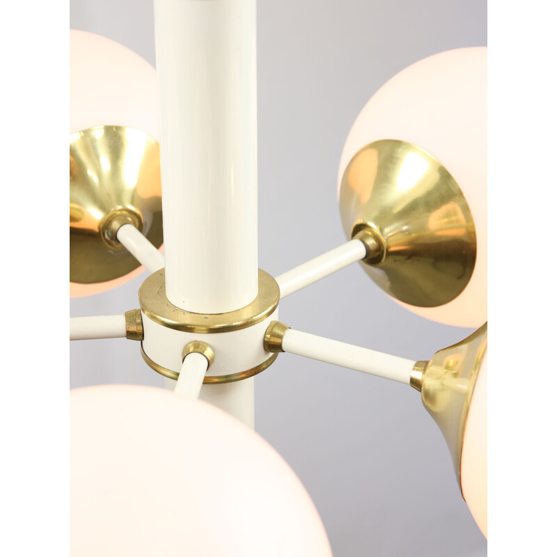 Vintage Sputnik chandelier in brass and opaline glass, Italy