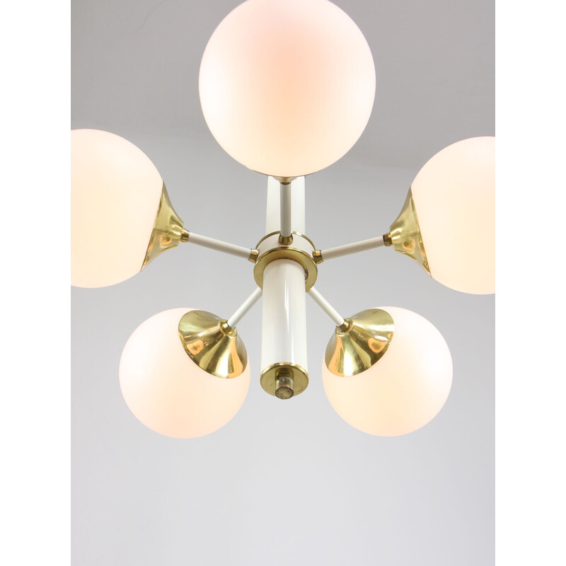 Vintage Sputnik chandelier in brass and opaline glass, Italy