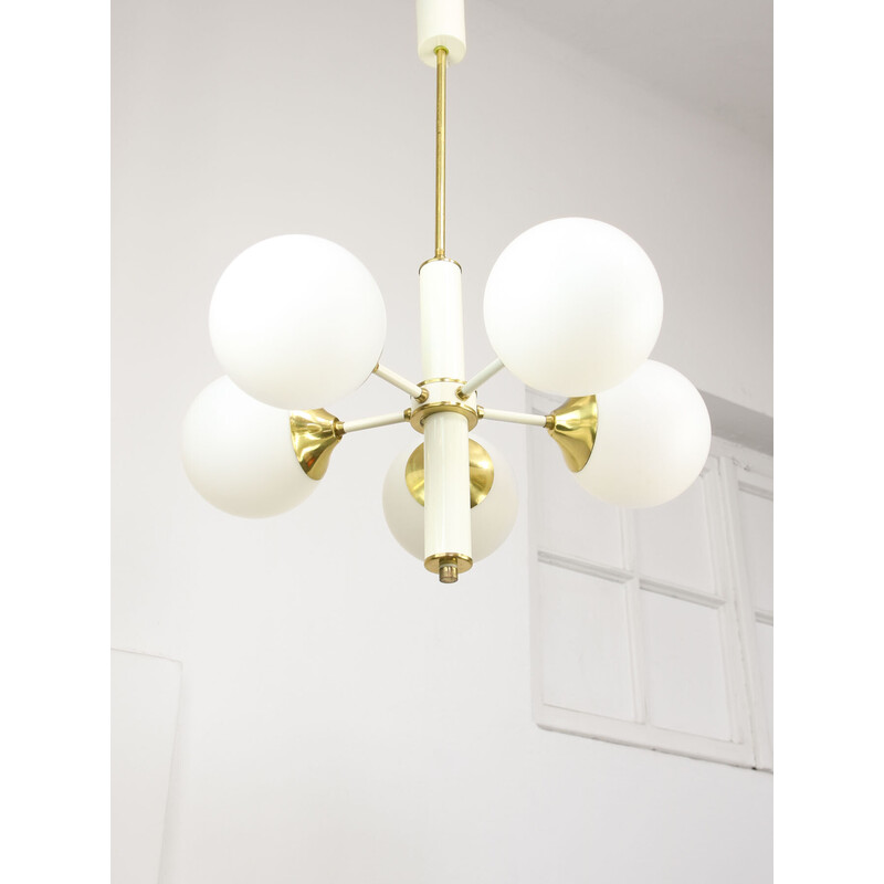 Vintage Sputnik chandelier in brass and opaline glass, Italy