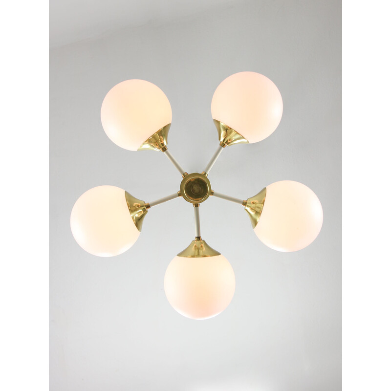 Vintage Sputnik chandelier in brass and opaline glass, Italy